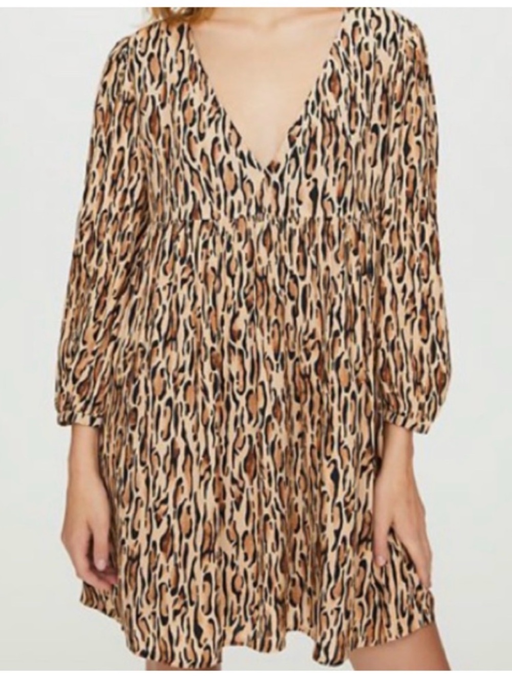 Aritzia Leopard Print Long Sleeve Tiered Mini Dress - Tan, Black, Brown